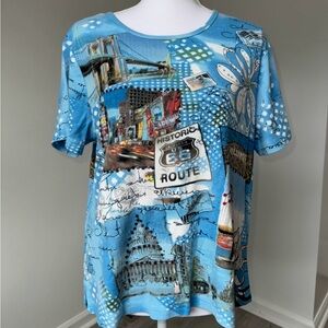 Vtg Y2K All Over Print Route 66 USA Landmarks Graphic Tee Blue Travel Shirt MP